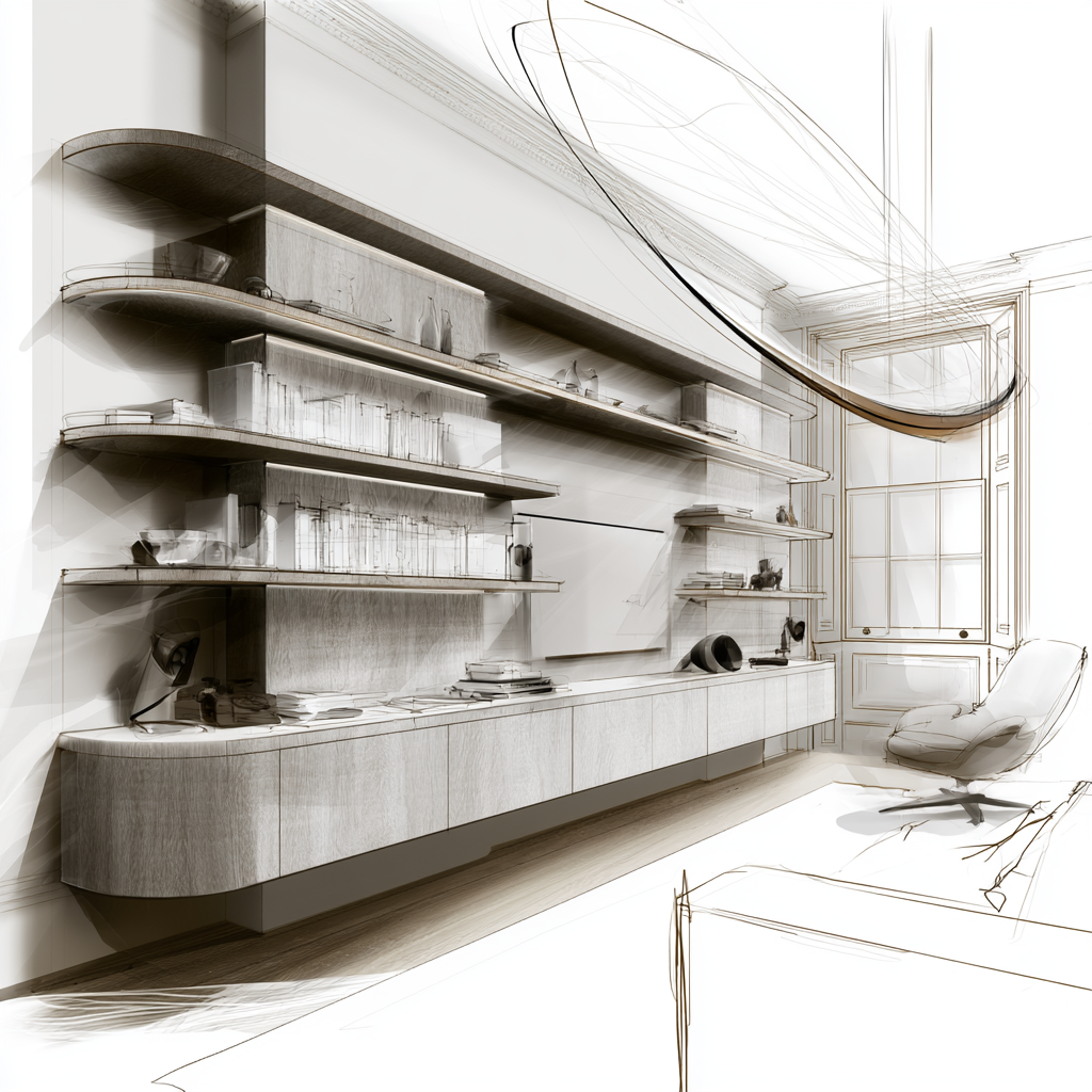 Concept sketch of bespoke media joinery in an elegant living room