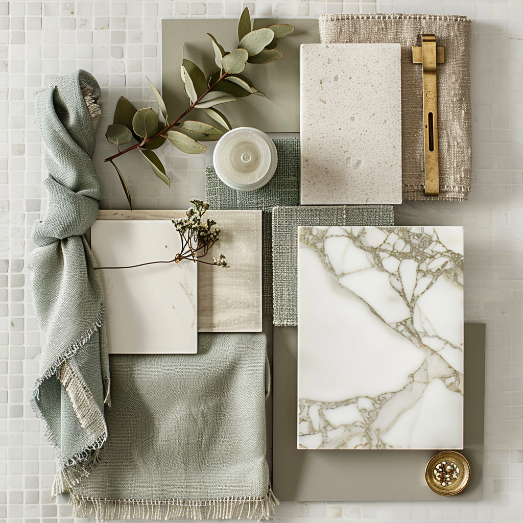 Material board with stone, textiles, brass and a tonal colour palette