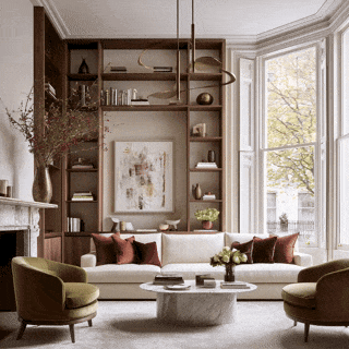 Photorealistic visual of an elegant, warm neutral living room